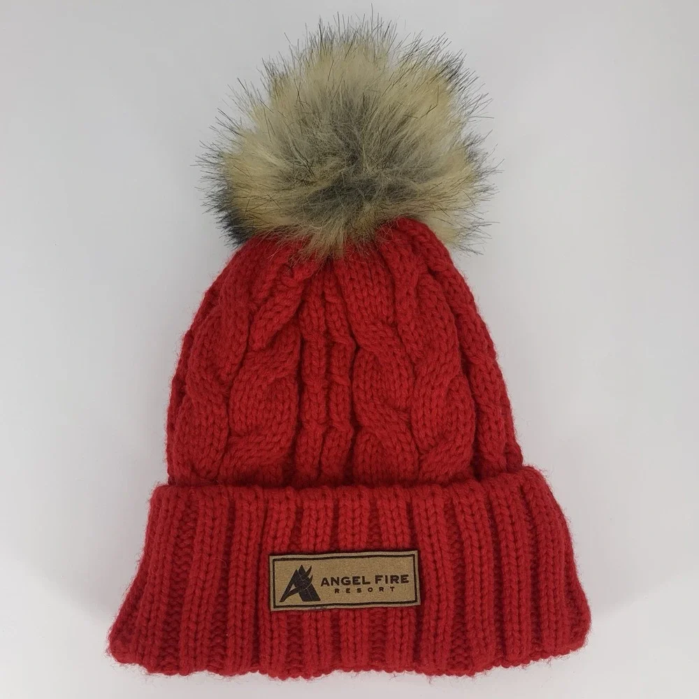 Angel Fire Resort Beanie YOUTH Locale Outdoors Faux Fur Pom Red Knit Hat Cap